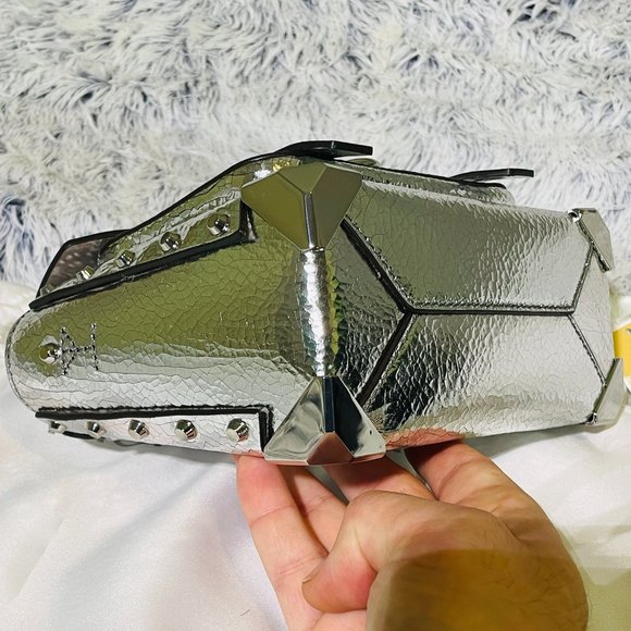 NWOT - MICHAEL KORS MANHATTAN SMALL SILVER CRACKLE LEATHER CROSSBODY(30T9TNCM1L) - Picture 7 of 9